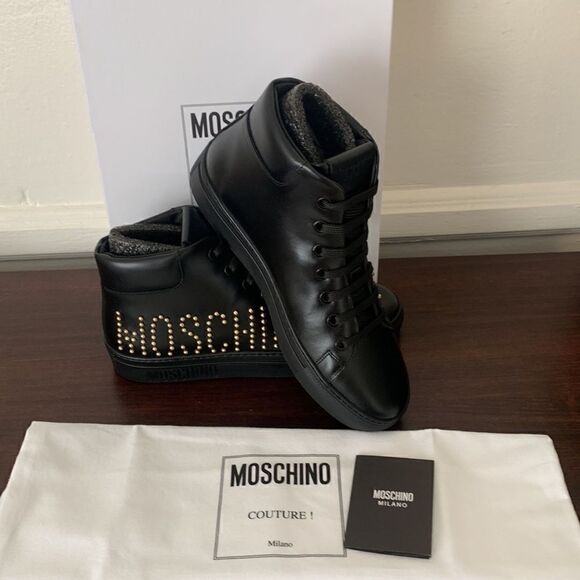 Moschino High Top logo studded leather sneaker in black size US 7 or EU 37 - Picture 9 of 12
